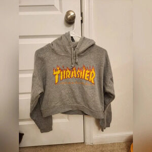 Thrasher Fire Logo Hoodie Womens Size XS Cropped Grey Logo Flames Pullover
